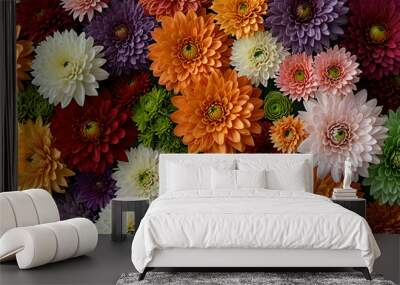 Flowers wall background with amazing red,orange,pink,purple,green and white chrysanthemum flowers ,Wedding decoration, hand made Beautiful flower wall ... See More, generative.ai
 Wall mural