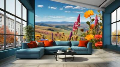 A cluster of vibrant wildflowers dancing in the breeze against a backdrop of rolling hills and clear blue skies.

 Wall mural