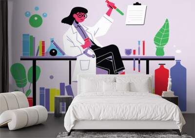 A flat illustration of a female scientist with glasses, in her laboratory white background,
 Wall mural