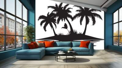 Black vector design of palm trees on an island, a simple and clean black silhouette on a white background. Wall mural