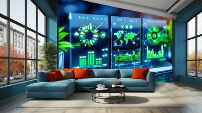 Business technology interface with digital graphs, highlighting the integration of data analytics in modern corporate strategies Wall mural