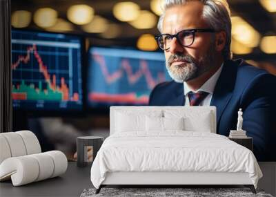 Businessman analyzing stock market data on a computer screen. A conceptual illustration of financial analysis, trading, and investment Wall mural