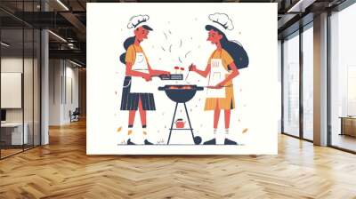 cartoon man and woman cooking on a grill, illustrated in fun corporate Memphis style. solid coloring, Wall mural