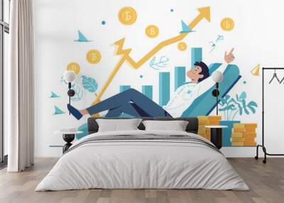 Financial growth concept. Young businessman earn more profit, make money from cryptocurrency Wall mural