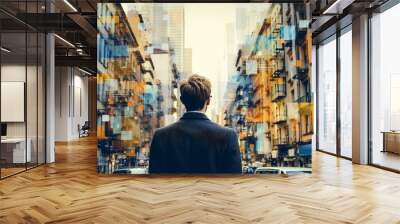 Modern businessman contemplating success in the city. A creative concept of leadership, innovation, and career growth under the urban skyline Wall mural