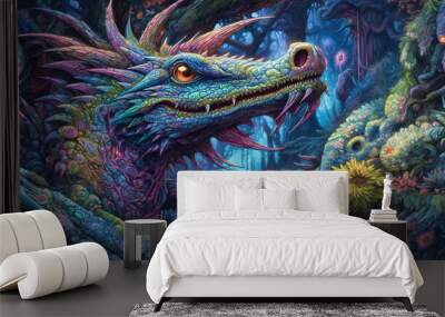 Purple and blue dragon in the forest Wall mural