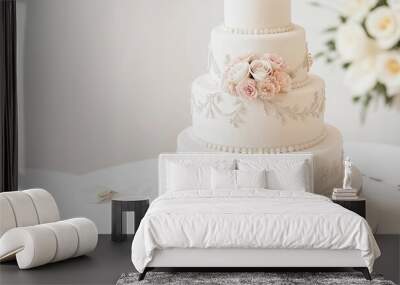 there are two wedding rings on a cake with flowers around it by itself and in the background, are three roses Wall mural