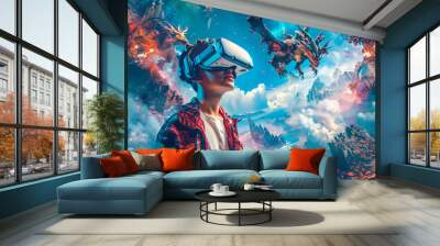 Young Woman Experiencing Virtual Reality, Futuristic VR Technology and Entertainment Concept Wall mural