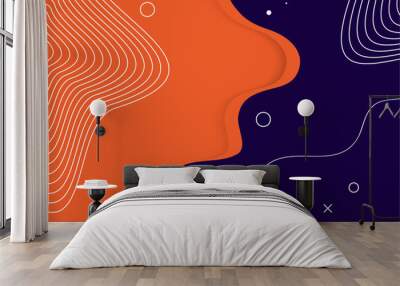 Abstract geometric shapes background with dynamic effect. Liquid and wavy shapes. Orange and navy blue vector illustration for marketing, banner, presentation. Wall mural