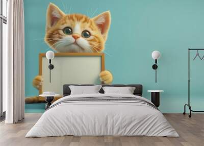 3D Vector illustration of cute cat holding a message board for text Wall mural