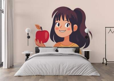 A cartoon girl holding and eating a fresh ripe apple Wall mural