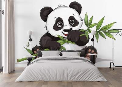 A cute panda with bamboo leaves over white background Wall mural