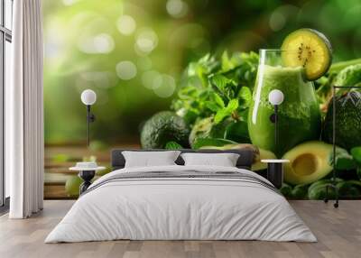 A glass of fresh avocado fruit juice smoothie closeup view Wall mural