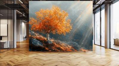 A lonely colorful tree on hill with mountain forest Wall mural