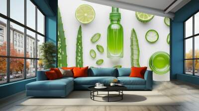 Aloe vera leaf slice cosmetic oil on table. Wall mural