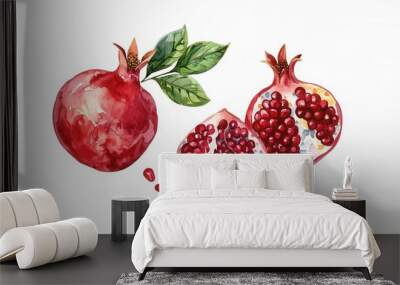 Artistic drawing painting of fresh pomegranate fruit seed grain leaf Wall mural