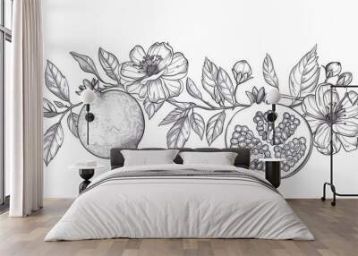 Artistic line drawing of fresh pomegranate fruit Wall mural