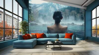 Back view of a female in spa pool with beautiful scenic view Wall mural