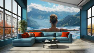 Back view of a female in spa pool with beautiful scenic view Wall mural