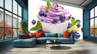 Blueberry fruit yogurt isolated over white background Wall mural