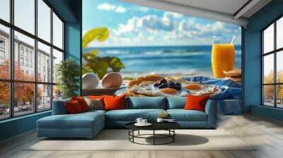 Blueberry pancake in plate on table with ocean view Wall mural