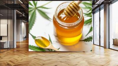 Cannabis honey with leaf on plain background Wall mural