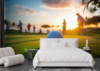 Close-up view of a golf ball on grass lawn ground in luxury vacation resort. Summer tropical vacation concept. Wall mural