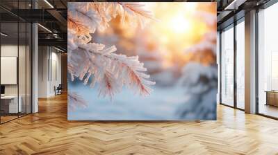 Close-up view of winter tree at sunrise covered by heavy snow. Winter seasonal concept. Wall mural