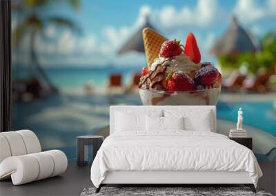 Closeup view of tasty ice cream in plate at tropical sea shore with coconut tree. Wall mural