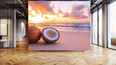 Coconut fruit closeup view on sandy tropical beach with sunset Wall mural