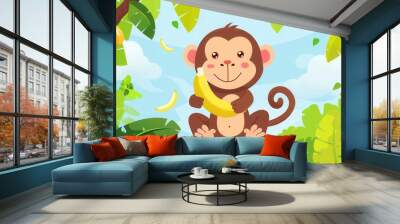 Cute cartoon character monkey and banana fruit Wall mural