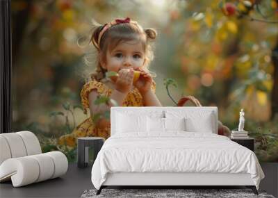 Cute little girl with a basket of fresh apple in orchard lawn grass ground Wall mural