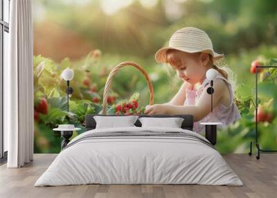 Cute little girl with basket of fresh strawberry fruit in plantation farm field Wall mural