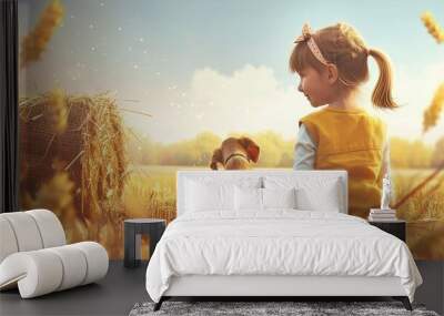 Cute little girl with puppy dog on hay bale in farm Wall mural