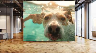 Dog swimming in water in sea with happy family at sunset Wall mural