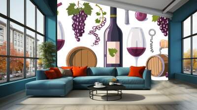 Drawing painting of grape wine bottle glass barrel Wall mural