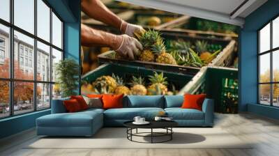 Farmer harvest fresh pineapples in wooden crate in field Wall mural