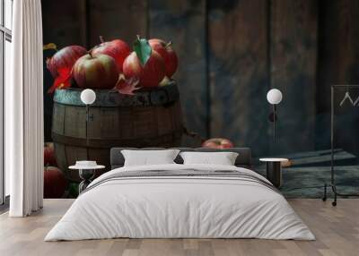 Fresh apple fruit in wooden barrel on table Wall mural