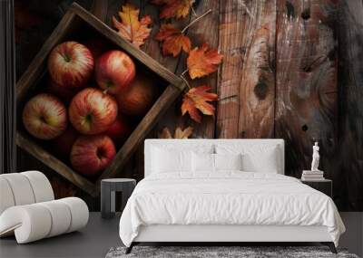 Fresh apple in wooden crate with texture background Wall mural