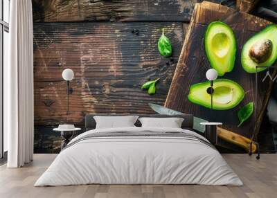 Fresh avocado fruit on wooden cutting board Wall mural