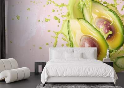 Fresh avocado fruit with water splash closeup view Wall mural