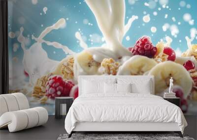 Fresh banana fruit with berries with milk splash closeup macro view Wall mural