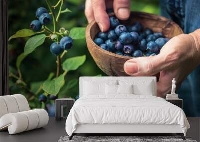 Fresh blueberry fruit in wooden bowl Wall mural