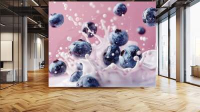 Fresh blueberry with milk splash in air Wall mural