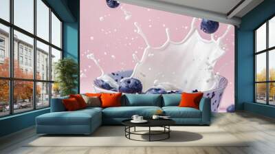 Fresh blueberry with milk splash in air Wall mural