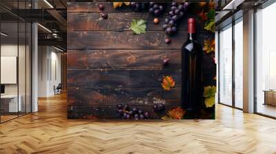 Fresh grape, grape wine bottle over texture background Wall mural