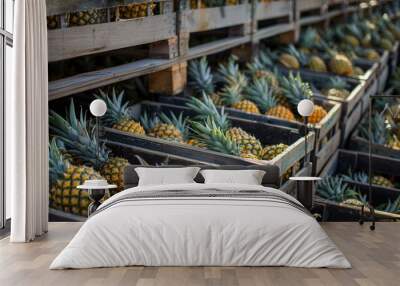 Fresh harvested pineapples in wooden crate in field Wall mural