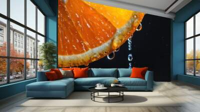 Fresh juicy orange fruit slice closeup macro view with texture and juice dripping Wall mural