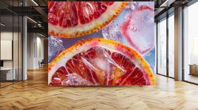 Fresh juicy red blood orange fruit slice closeup macro view with texture and ice cube Wall mural