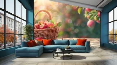 Fresh newly harvested apple in basket on wooden table Wall mural